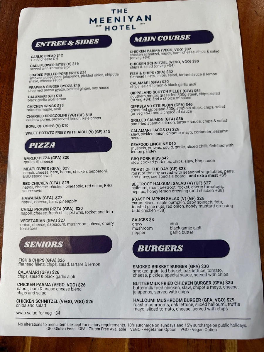 Menu, Meeniyan Hotel