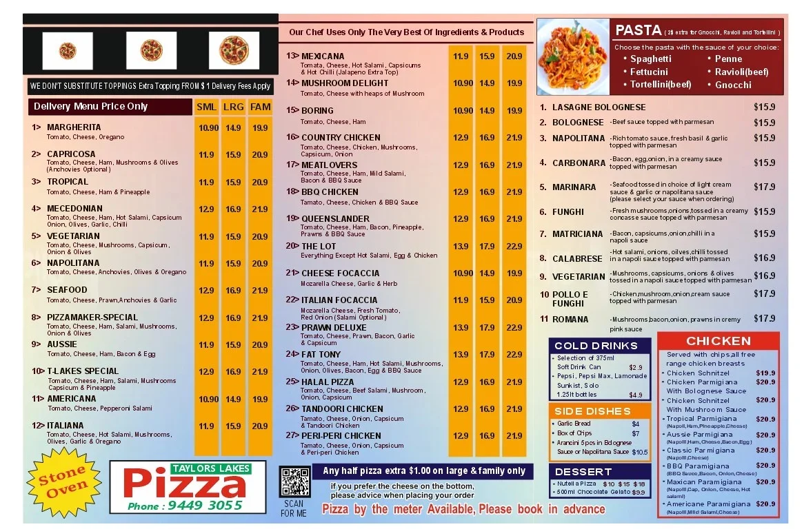 Menu, Taylors Lakes Pizza