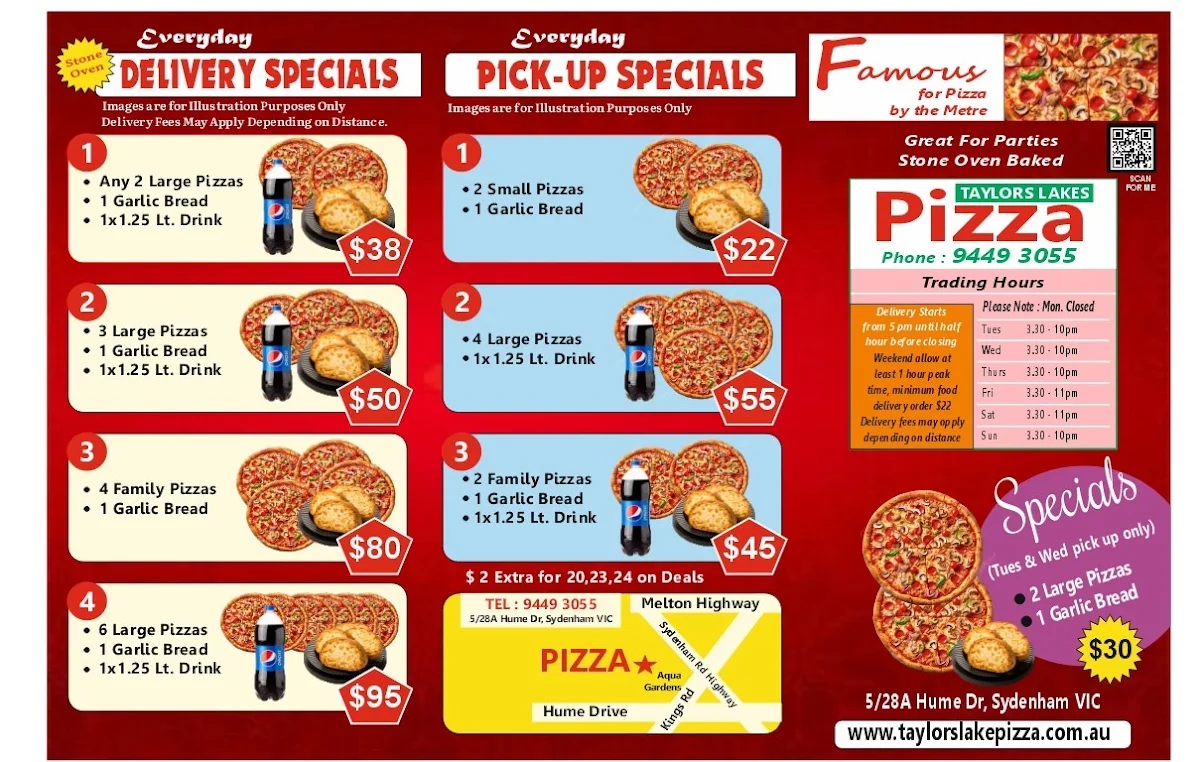 Menu, Taylors Lakes Pizza