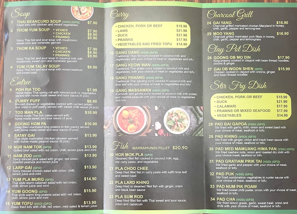 Menu, Narai Thai Bundoora