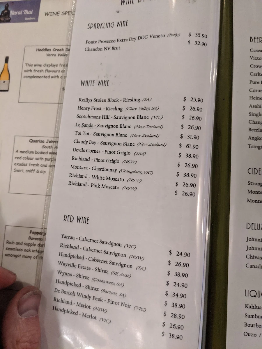 Menu, Narai Thai Bundoora