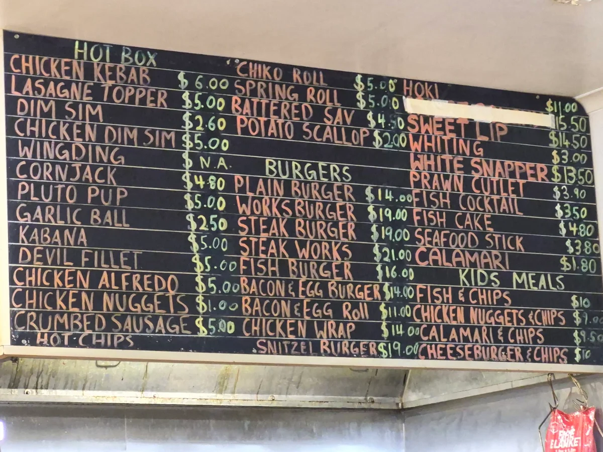Menu, Hendo's Takeaway & Cafe