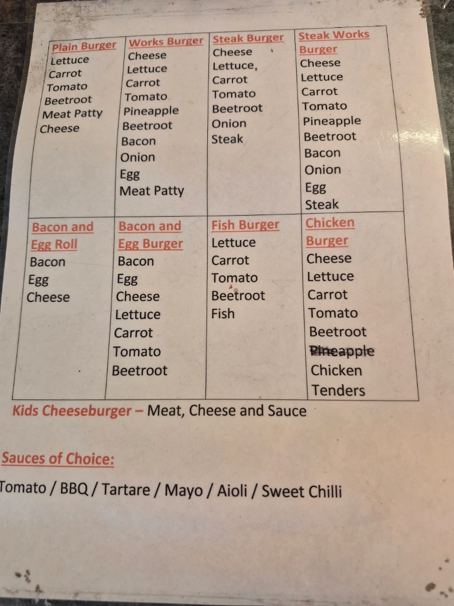 Menu, Hendo's Takeaway & Cafe