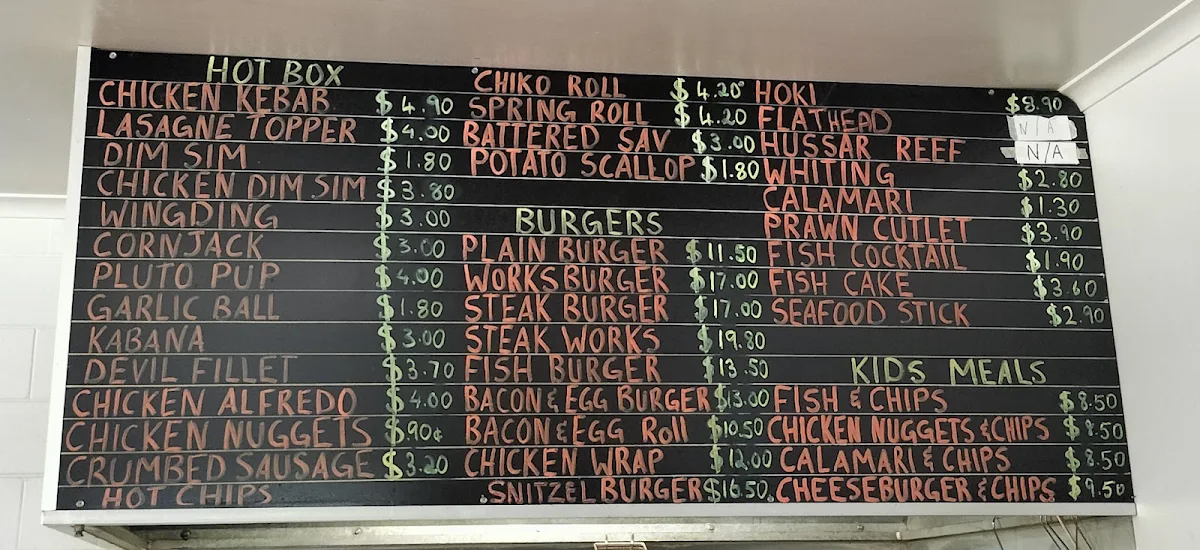 Menu, Hendo's Takeaway & Cafe