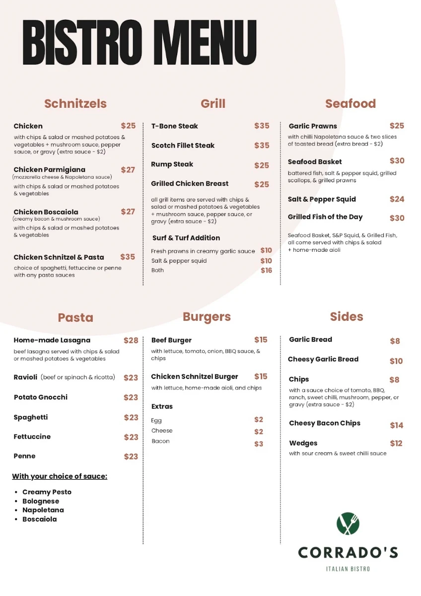Menu, Corrado's Italian Bistro