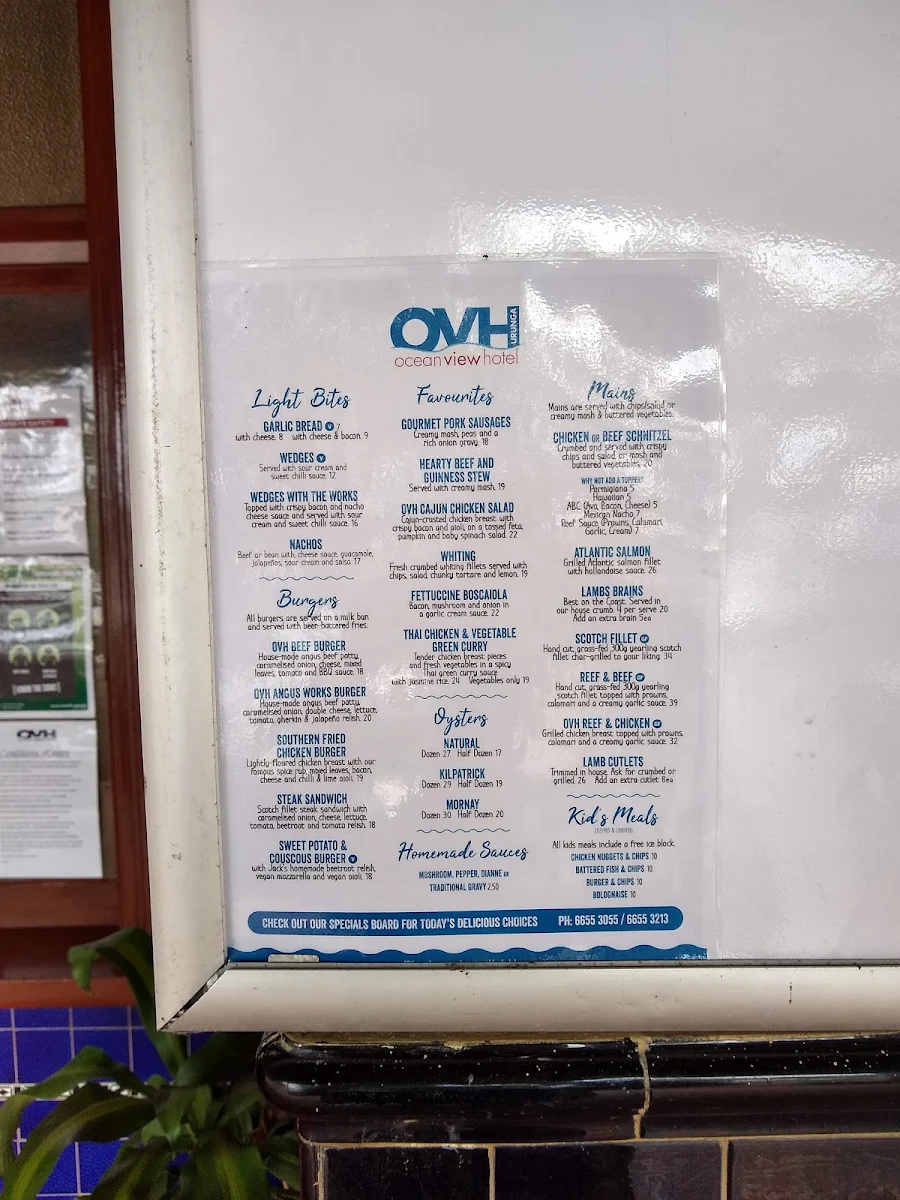 Menu, Ocean View Hotel
