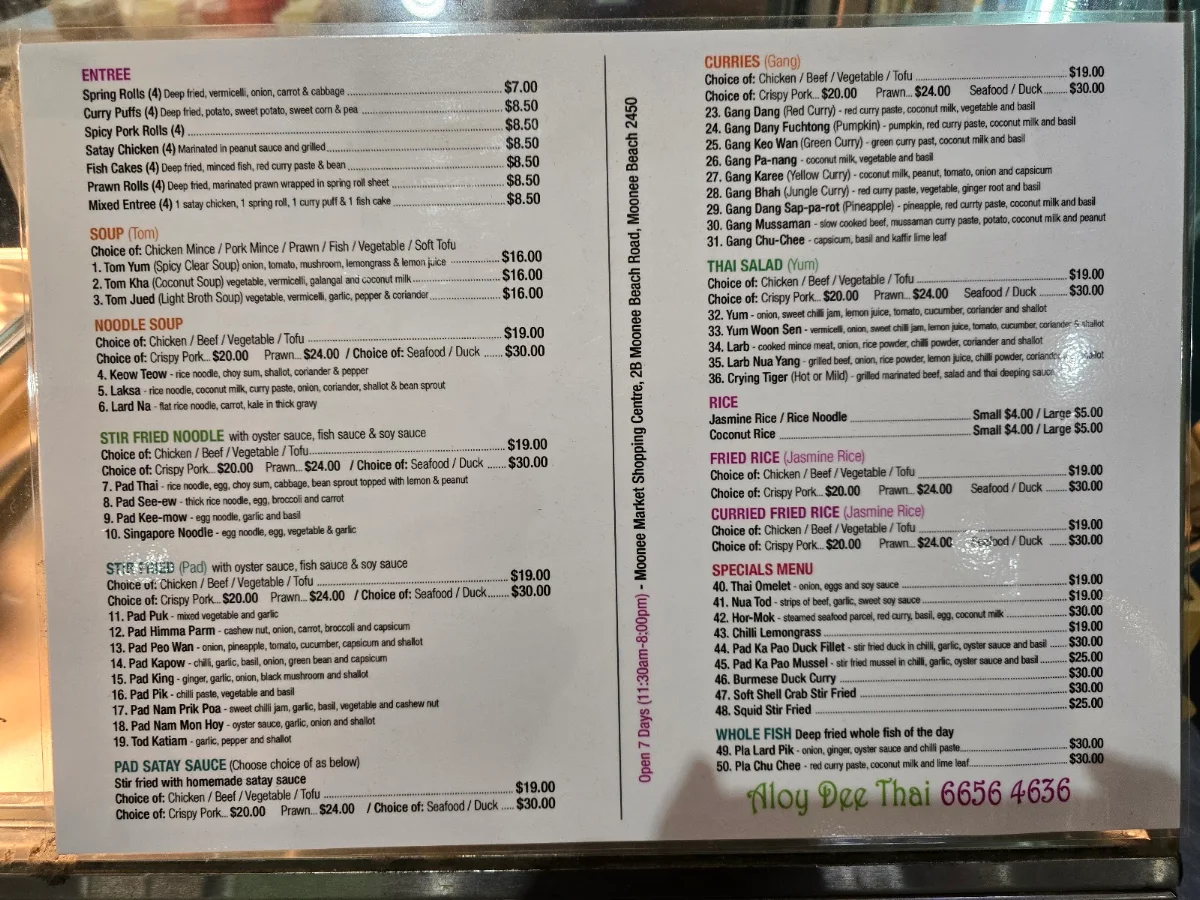 Menu, Aloy Dee Thai Street Food