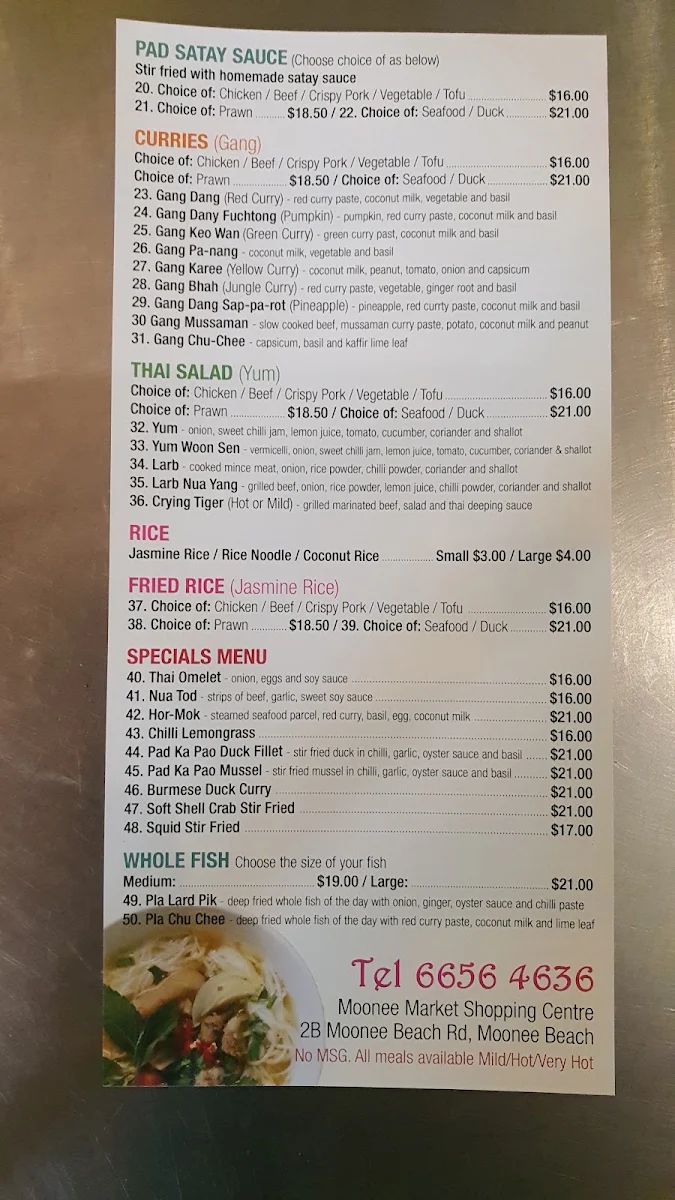 Menu, Aloy Dee Thai Street Food
