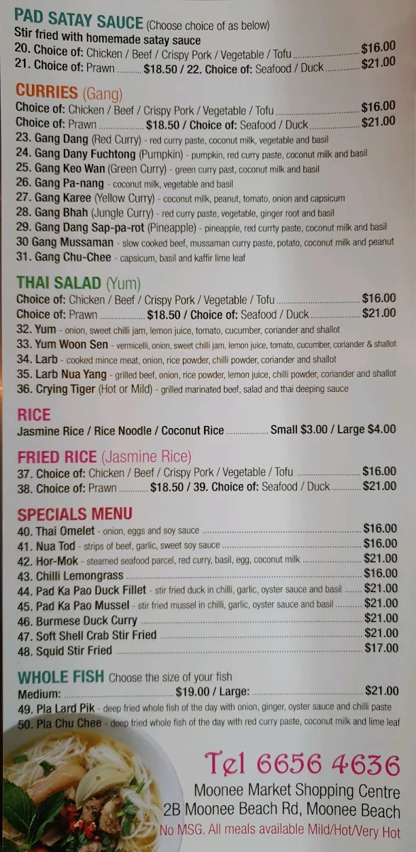 Menu, Aloy Dee Thai Street Food