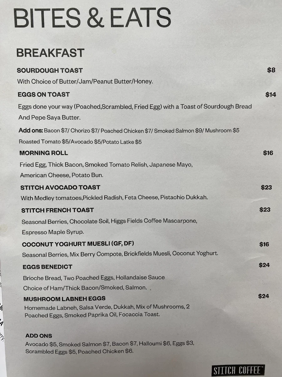 Menu, Stitch Coffee QVB