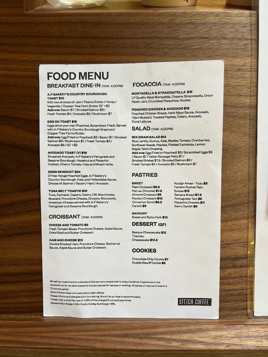Menu, Stitch Coffee QVB