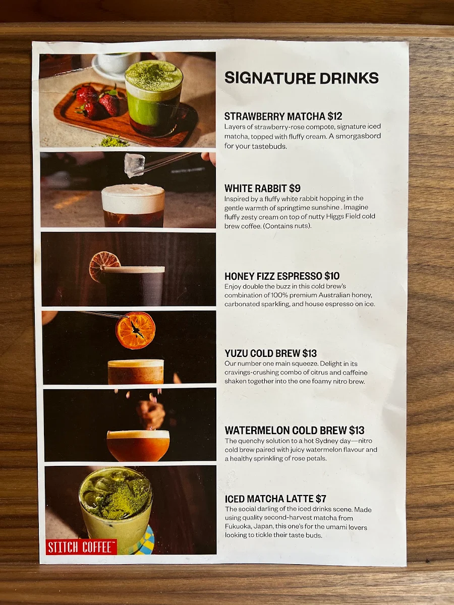 Menu, Stitch Coffee QVB