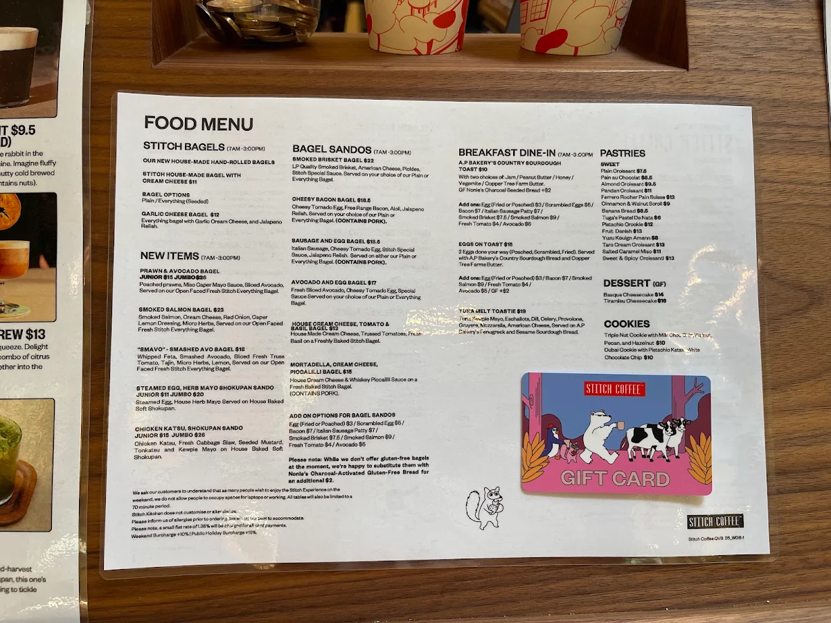 Menu, Stitch Coffee QVB