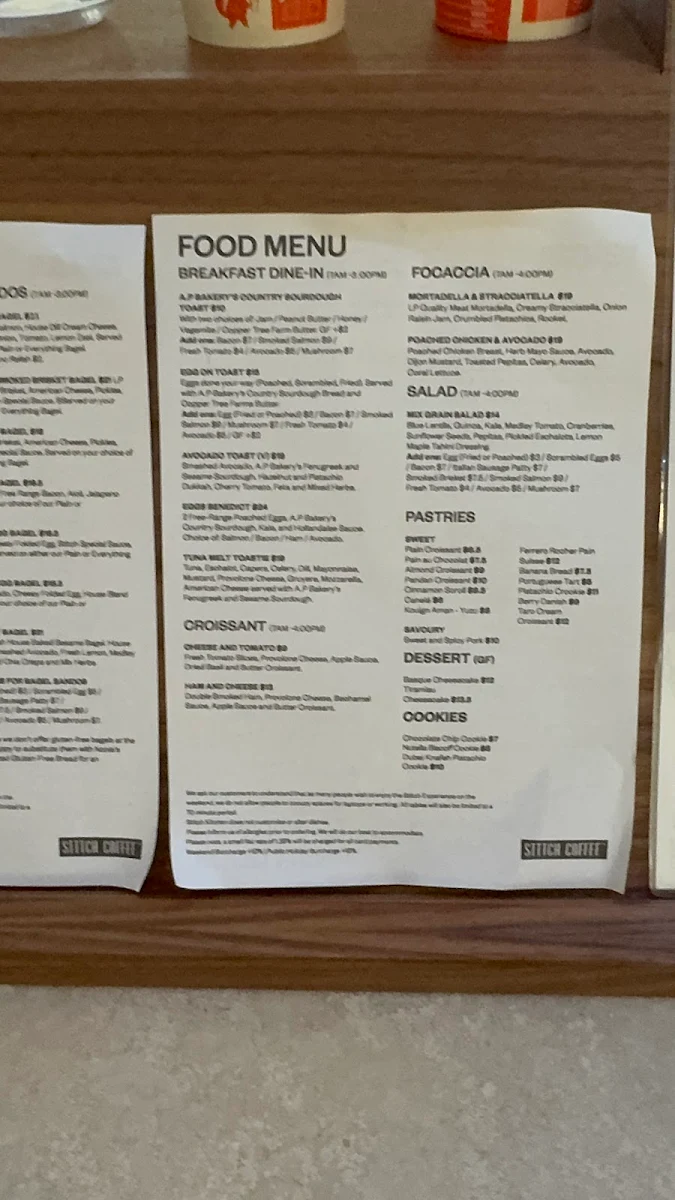 Menu, Stitch Coffee QVB