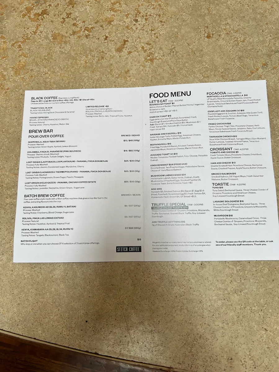 Menu, Stitch Coffee QVB