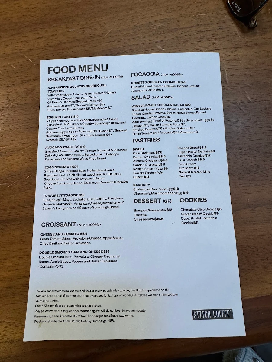 Menu, Stitch Coffee QVB