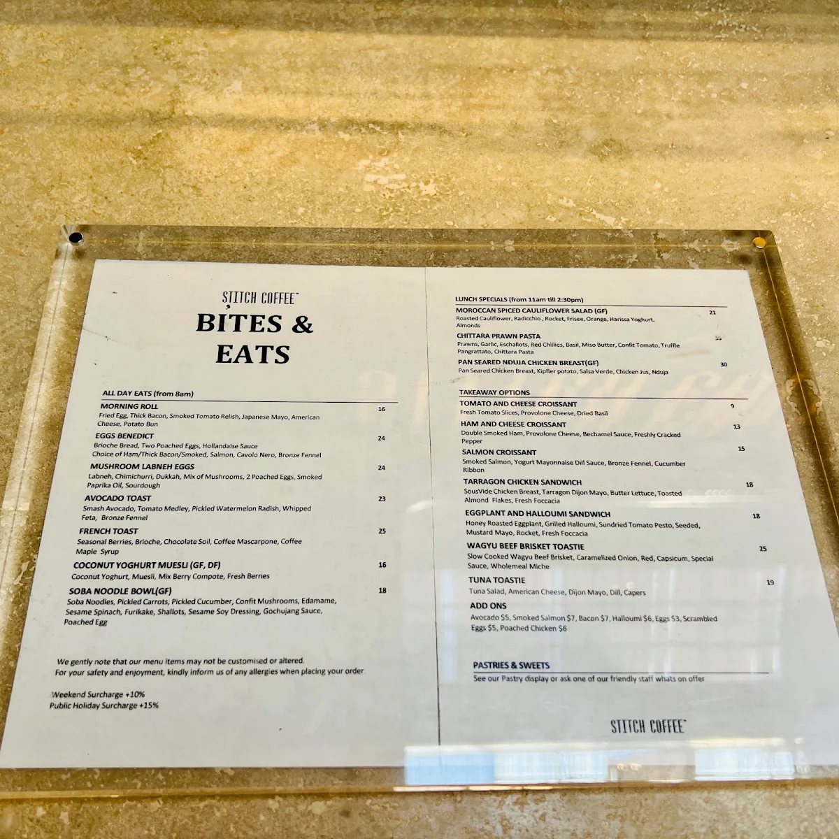 Menu, Stitch Coffee QVB
