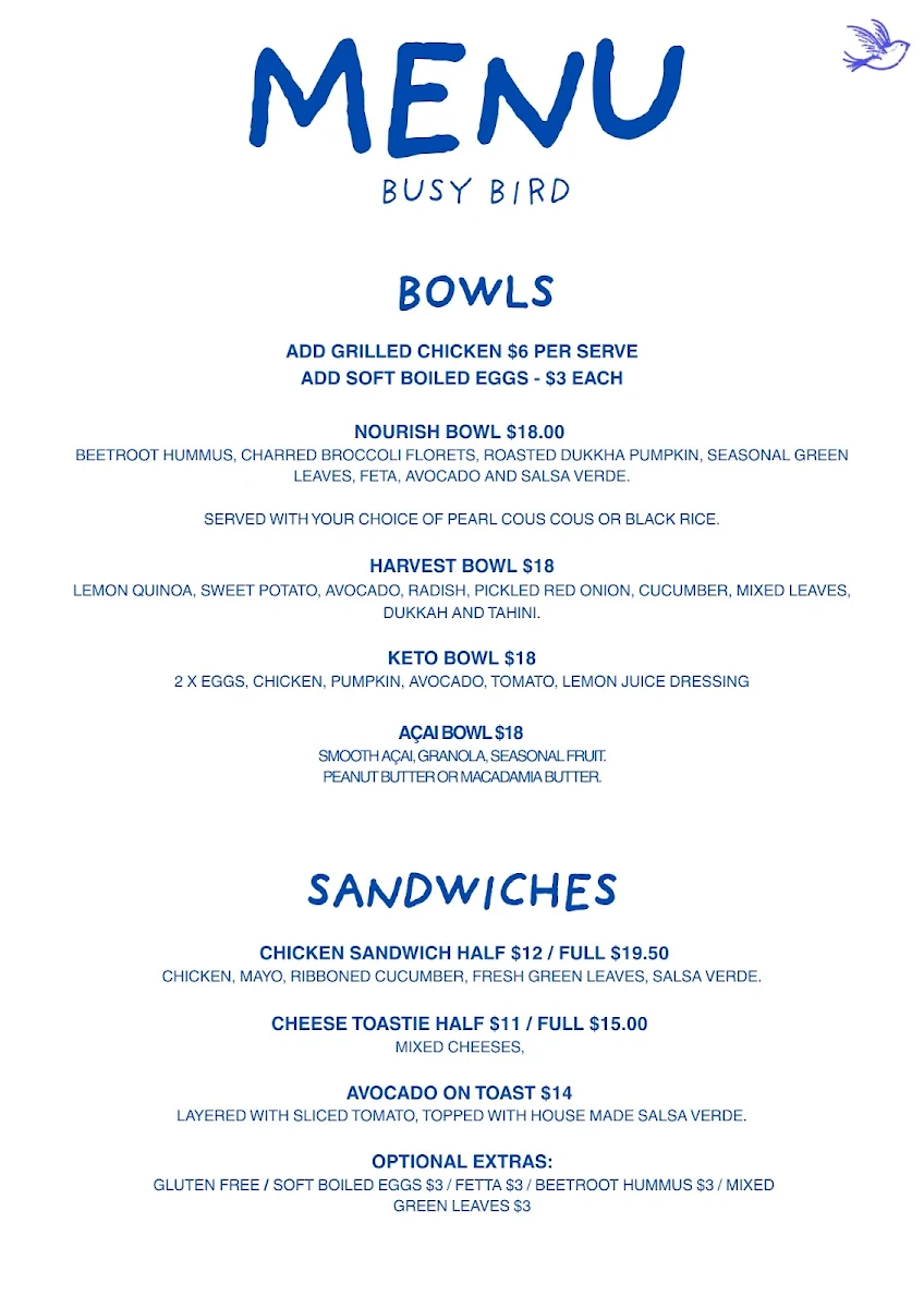 Menu, Busy Bird Coffee