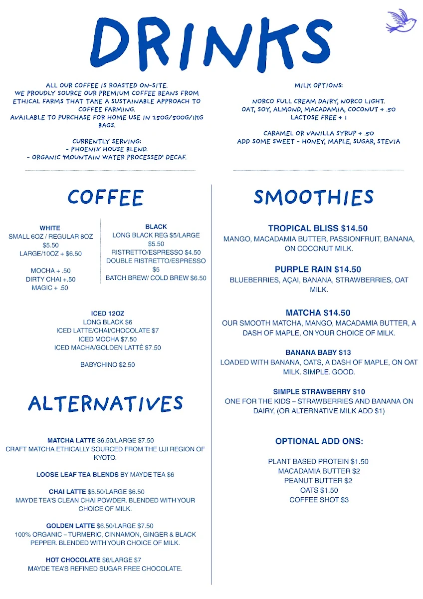 Menu, Busy Bird Coffee