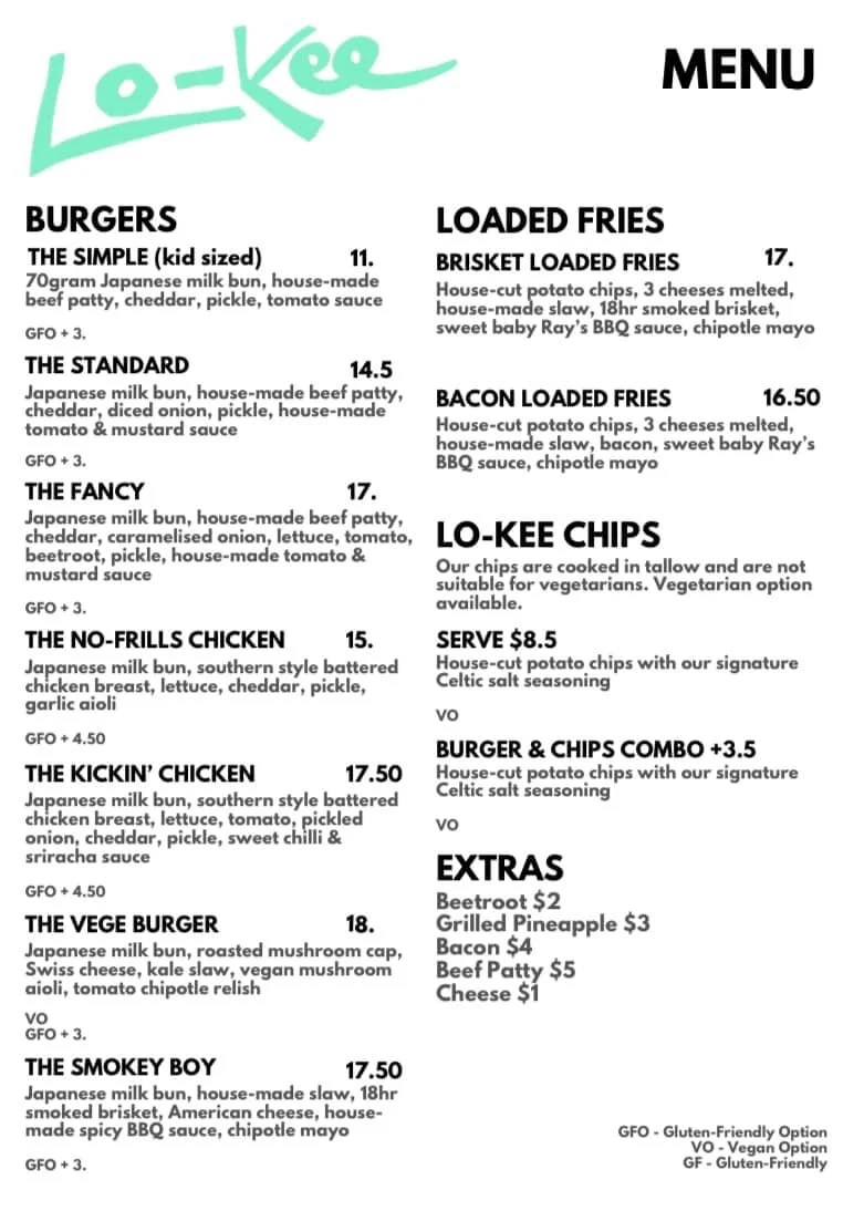 Menu, Lo-Kee Burger