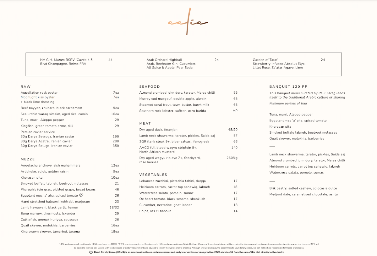 Menu, Aalia Restaurant Sydney
