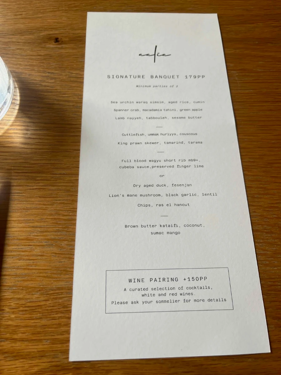 Menu, Aalia Restaurant Sydney