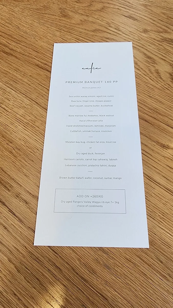 Menu, Aalia Restaurant Sydney