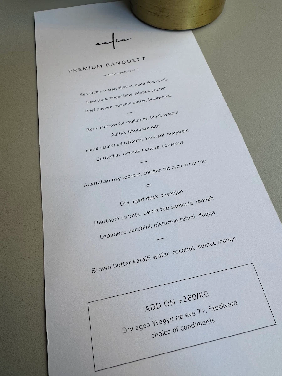 Menu, Aalia Restaurant Sydney