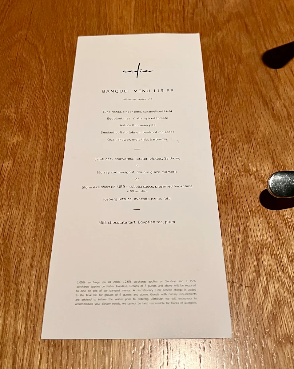 Menu, Aalia Restaurant Sydney