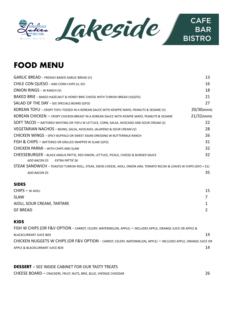 Menu, Lakeside Cafe, Bar & Bistro Dunsborough