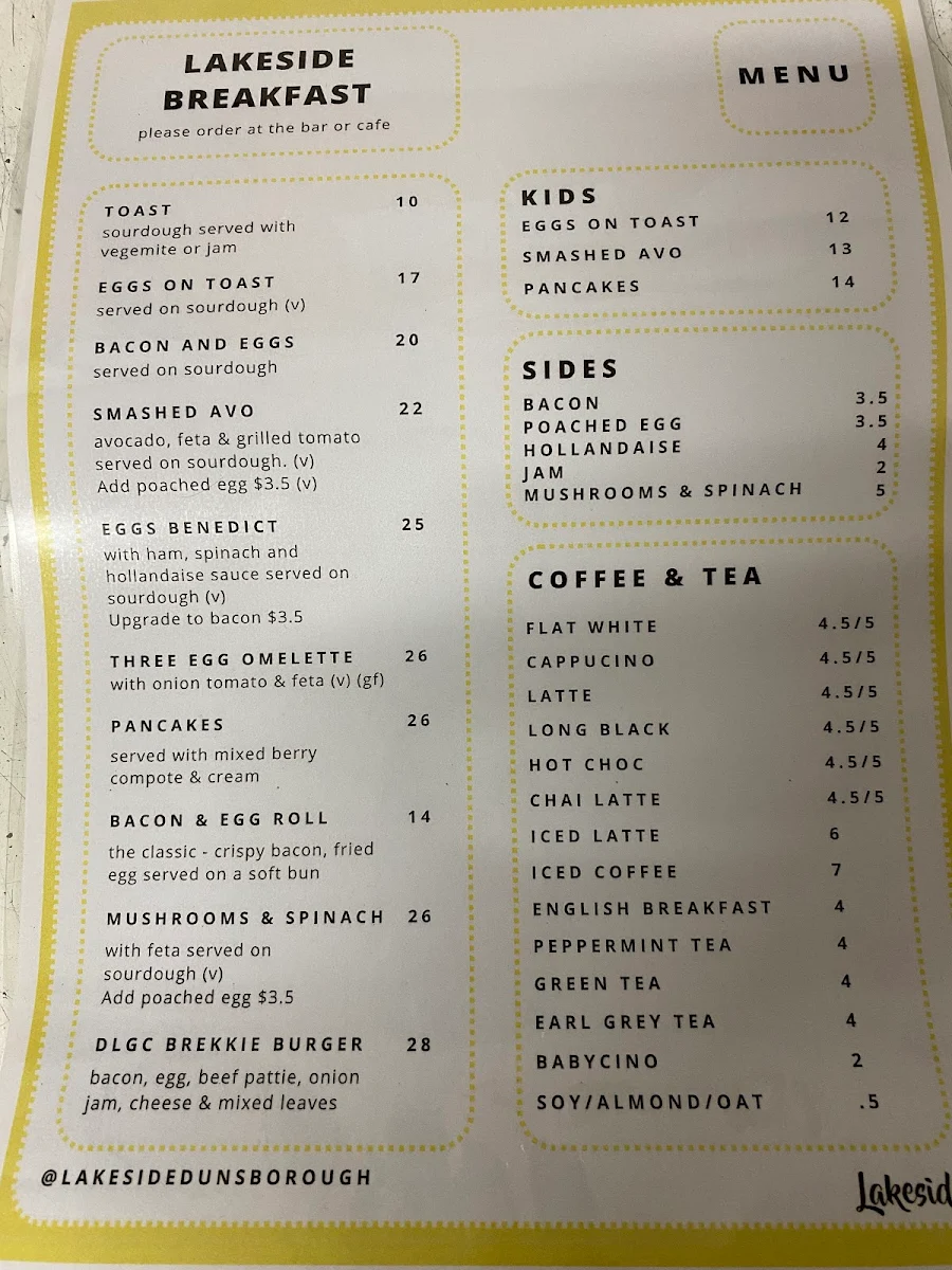 Menu, Lakeside Cafe, Bar & Bistro Dunsborough