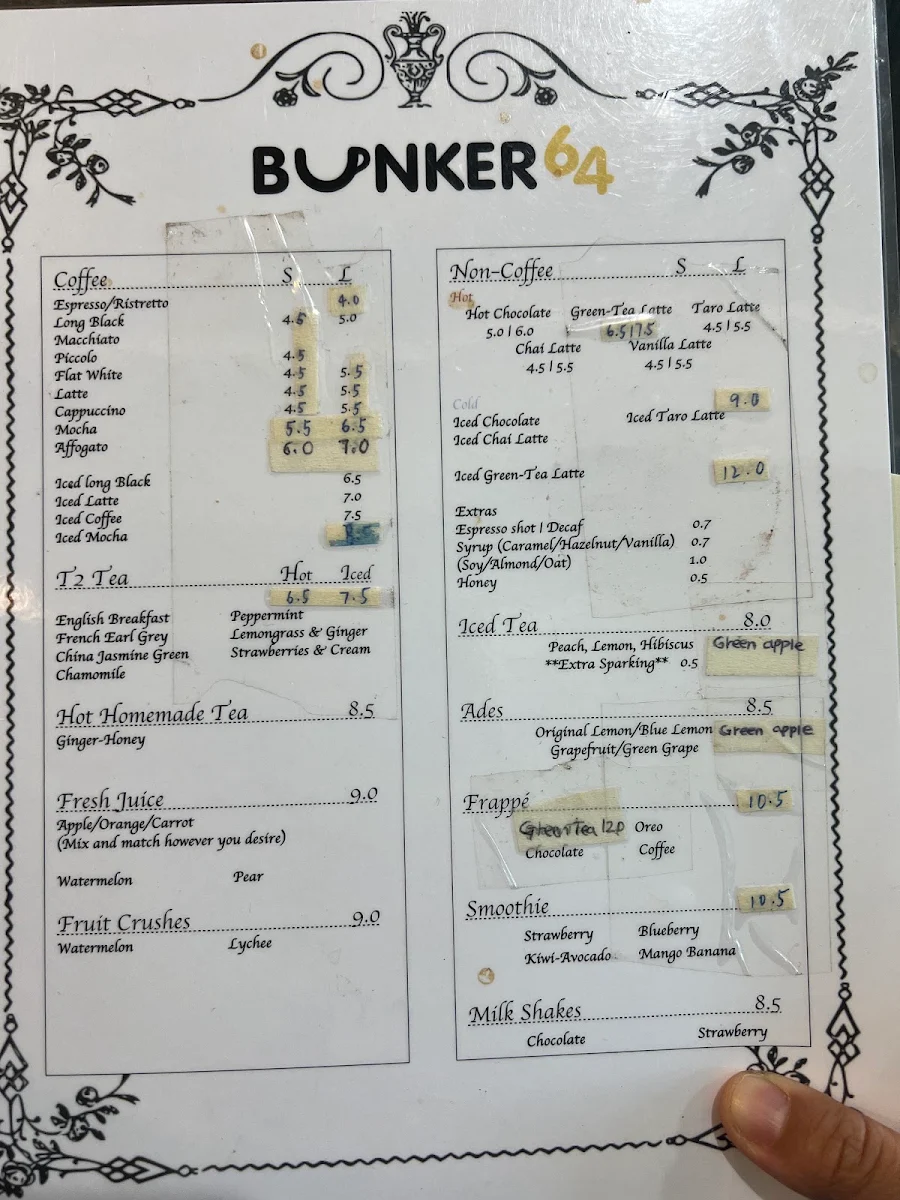 Menu, Bunker 64 Lidcombe
