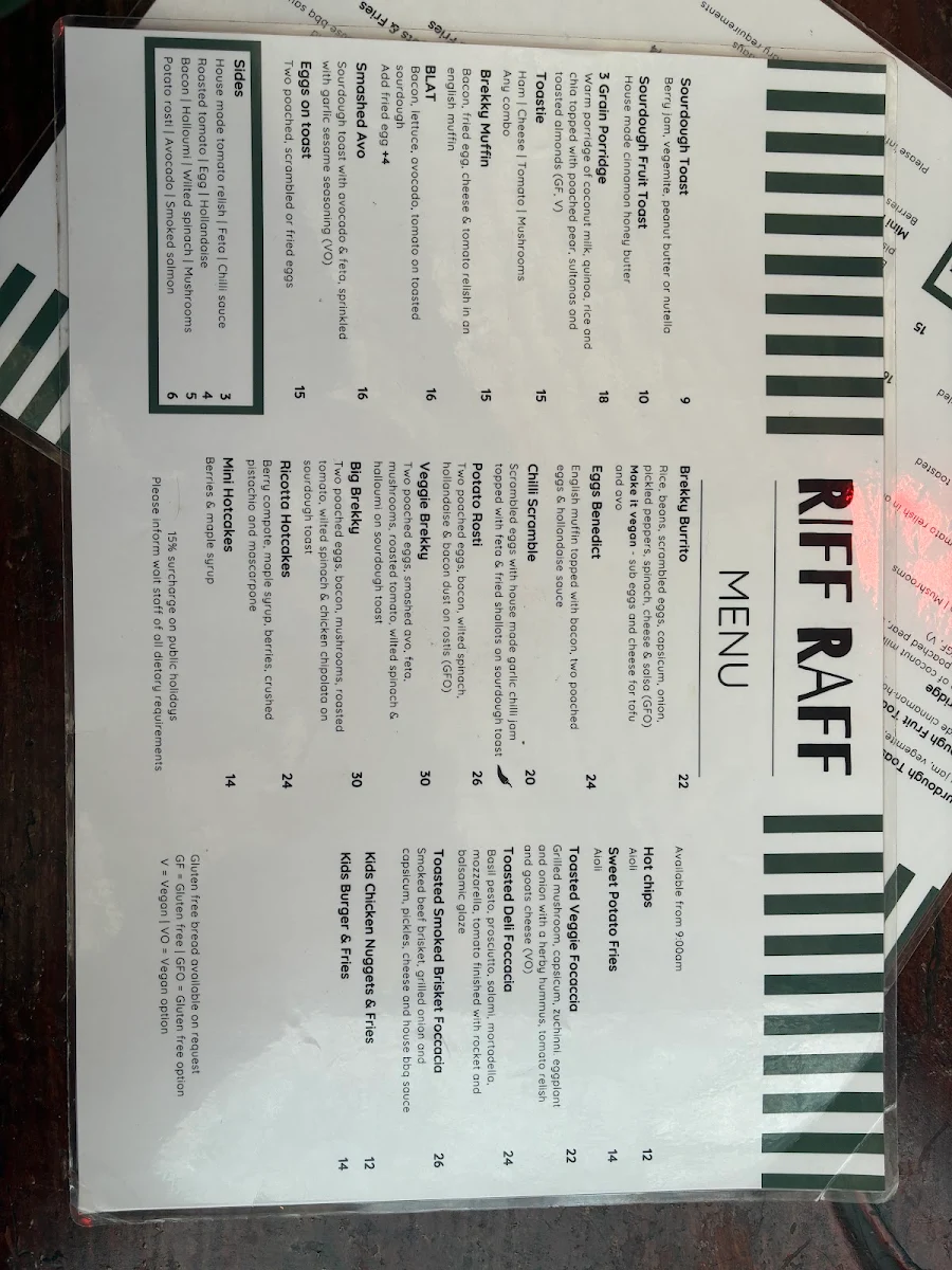 Menu, Riff Raff Bright