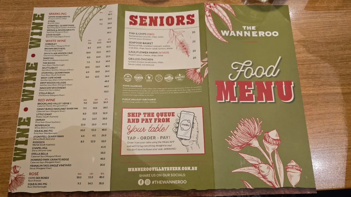 Menu, Wanneroo Villa Tavern