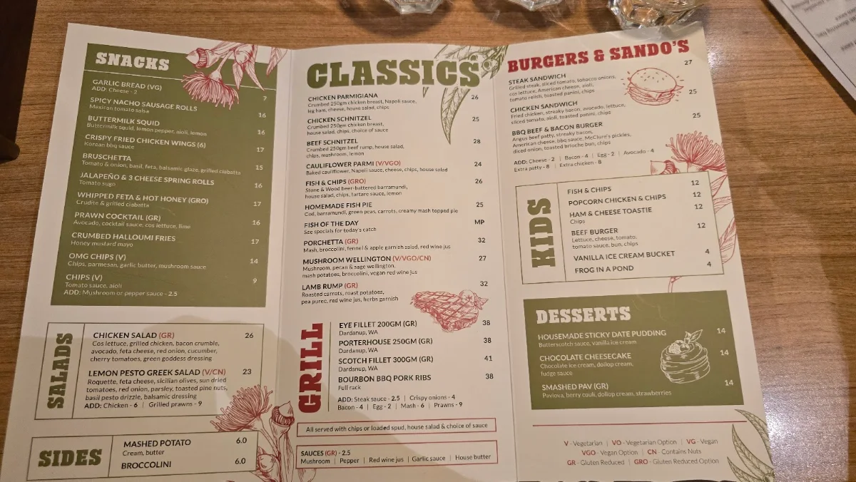 Menu, Wanneroo Villa Tavern