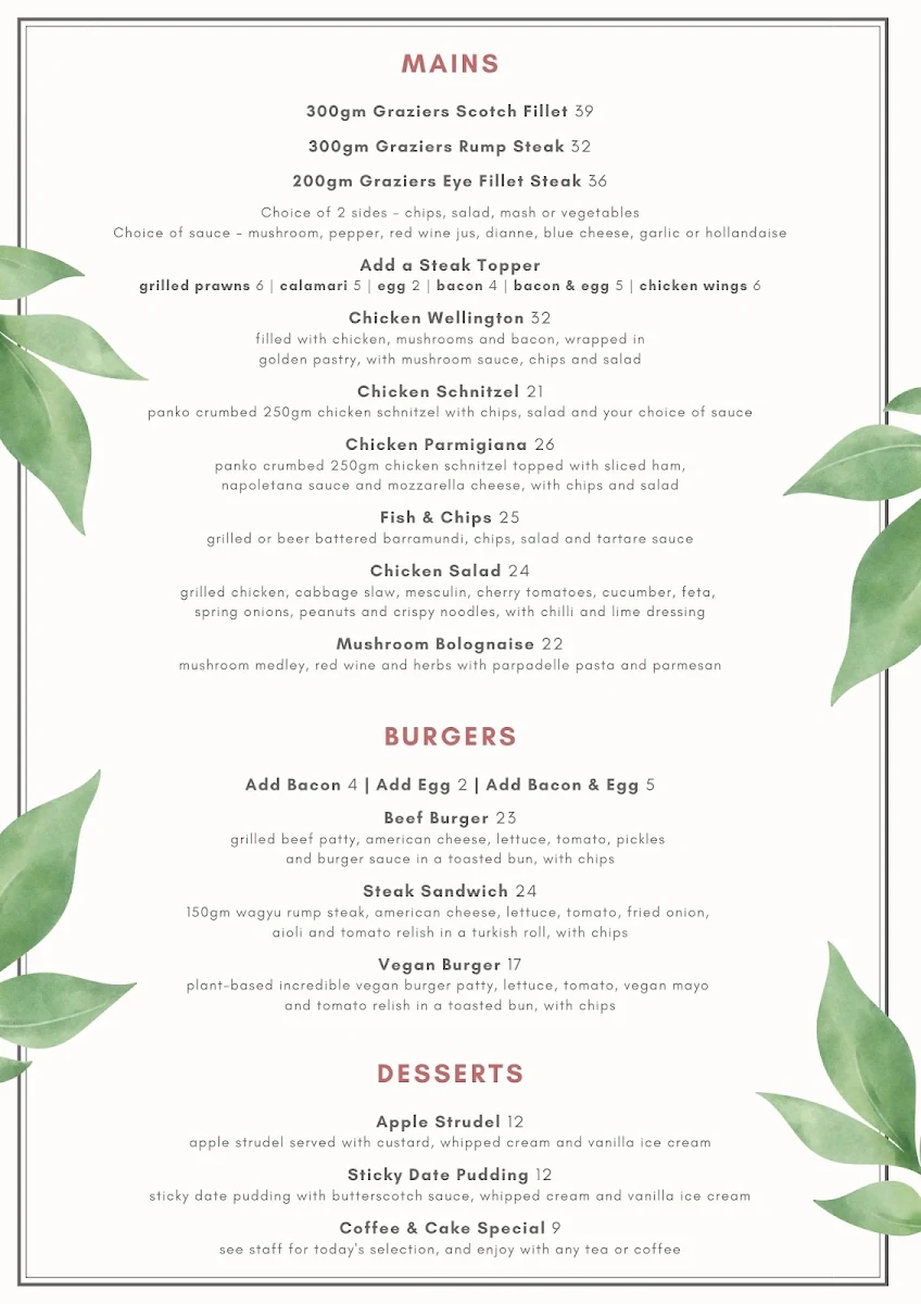 Menu, Wanneroo Villa Tavern