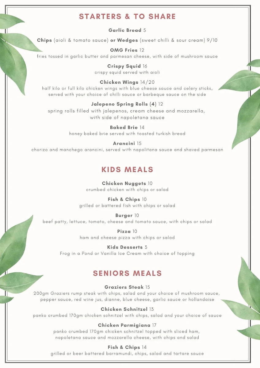 Menu, Wanneroo Villa Tavern