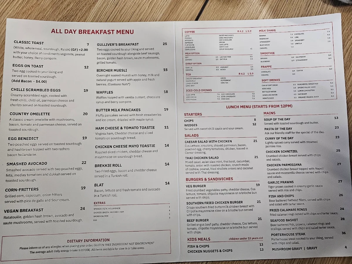 Menu, Gullivers cafe