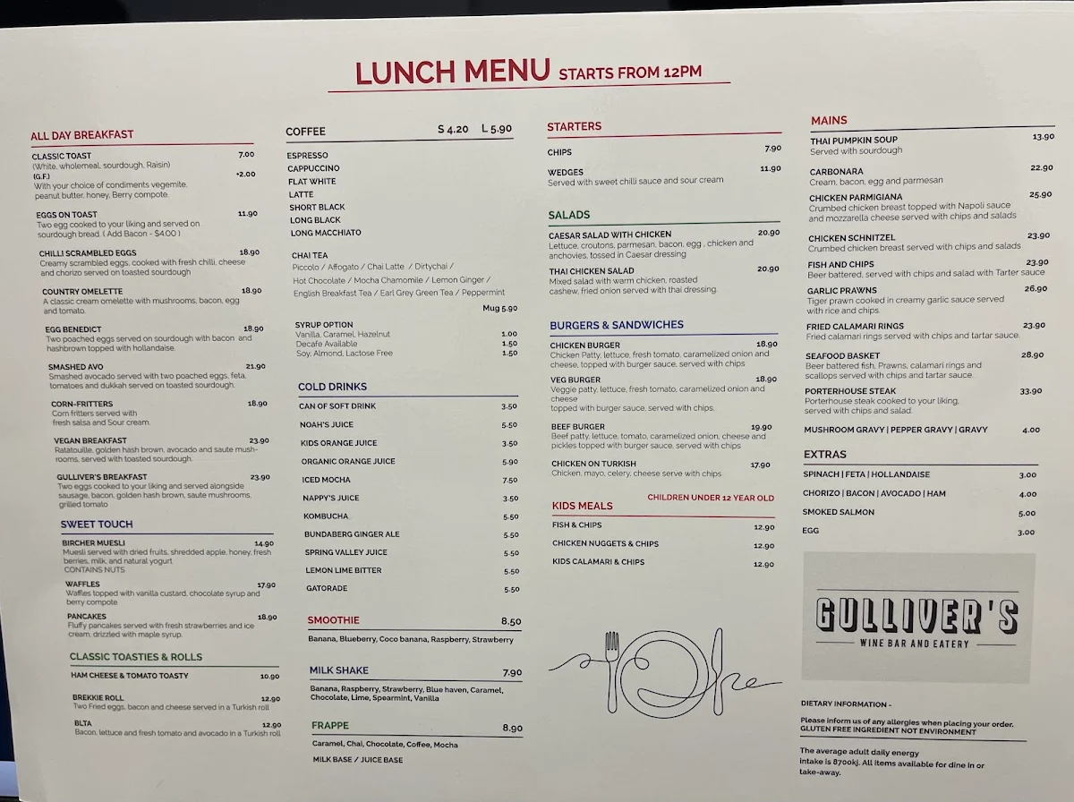 Menu, Gullivers cafe