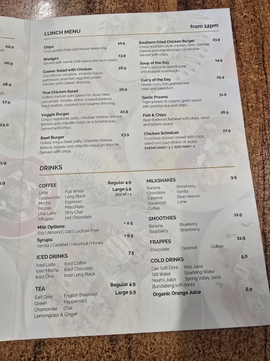 Menu, Gullivers cafe