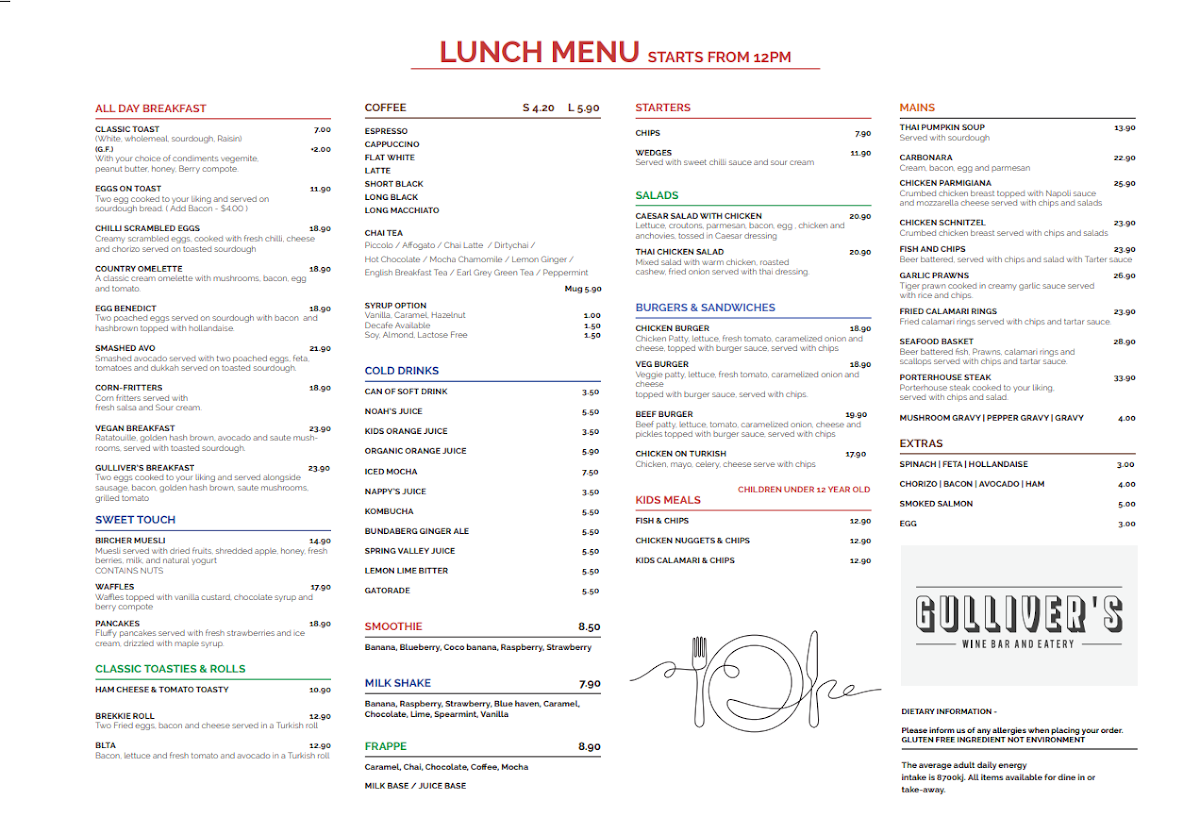 Menu, Gullivers cafe