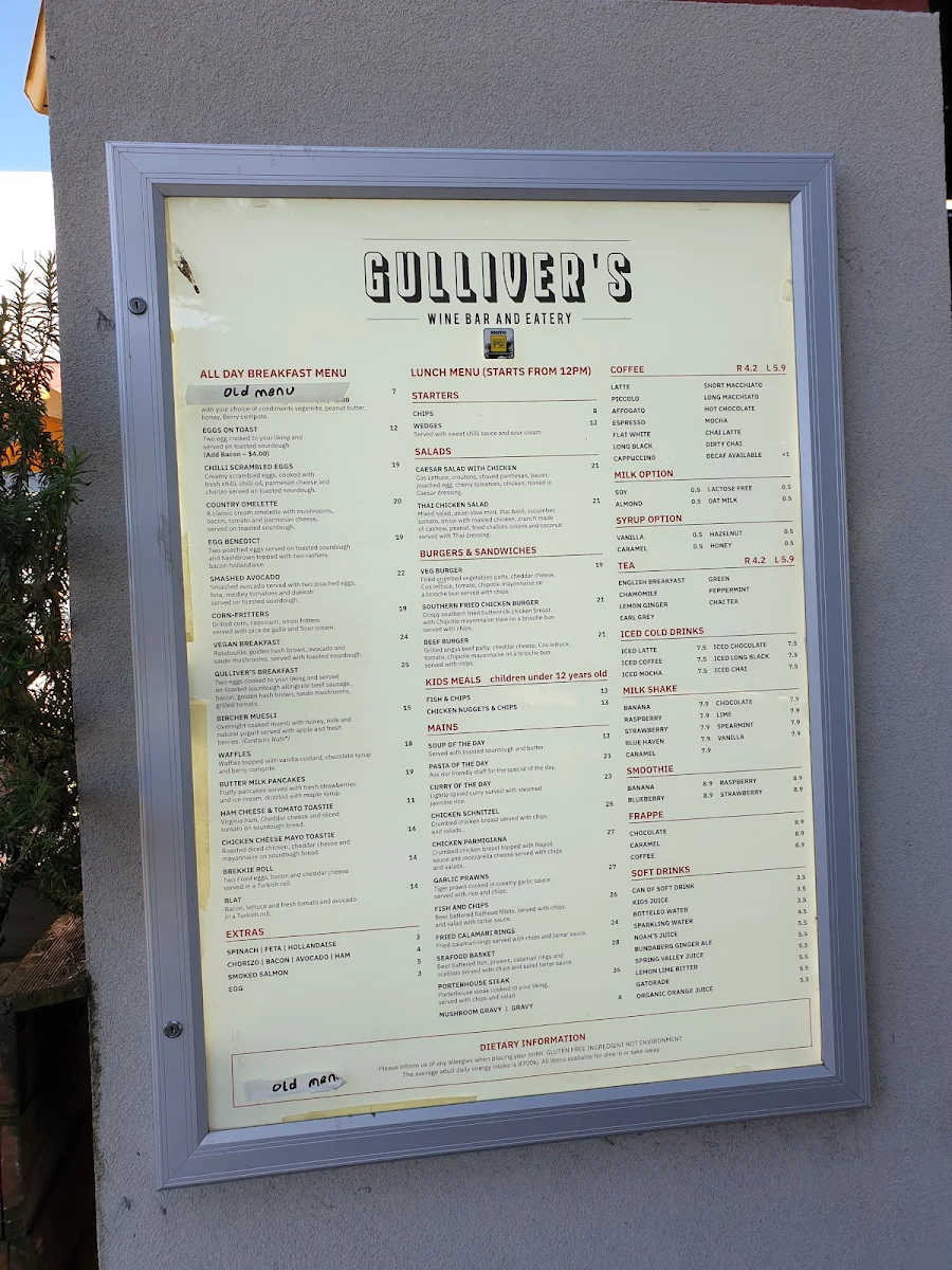 Menu, Gullivers cafe