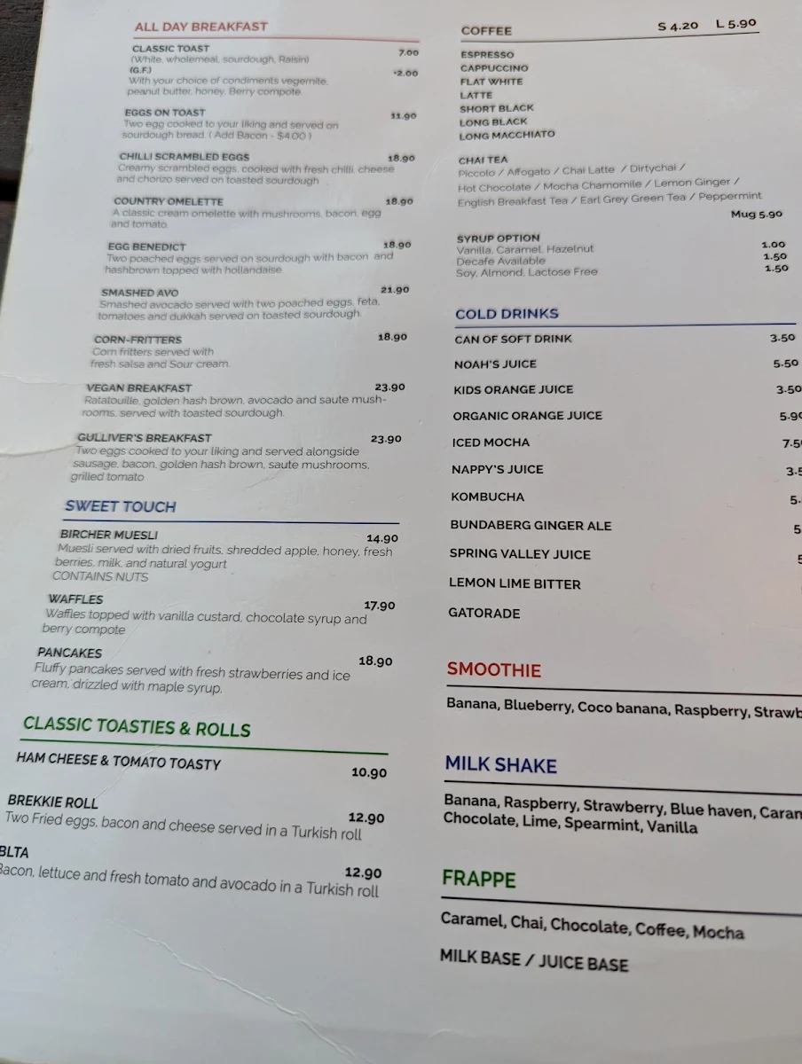 Menu, Gullivers cafe