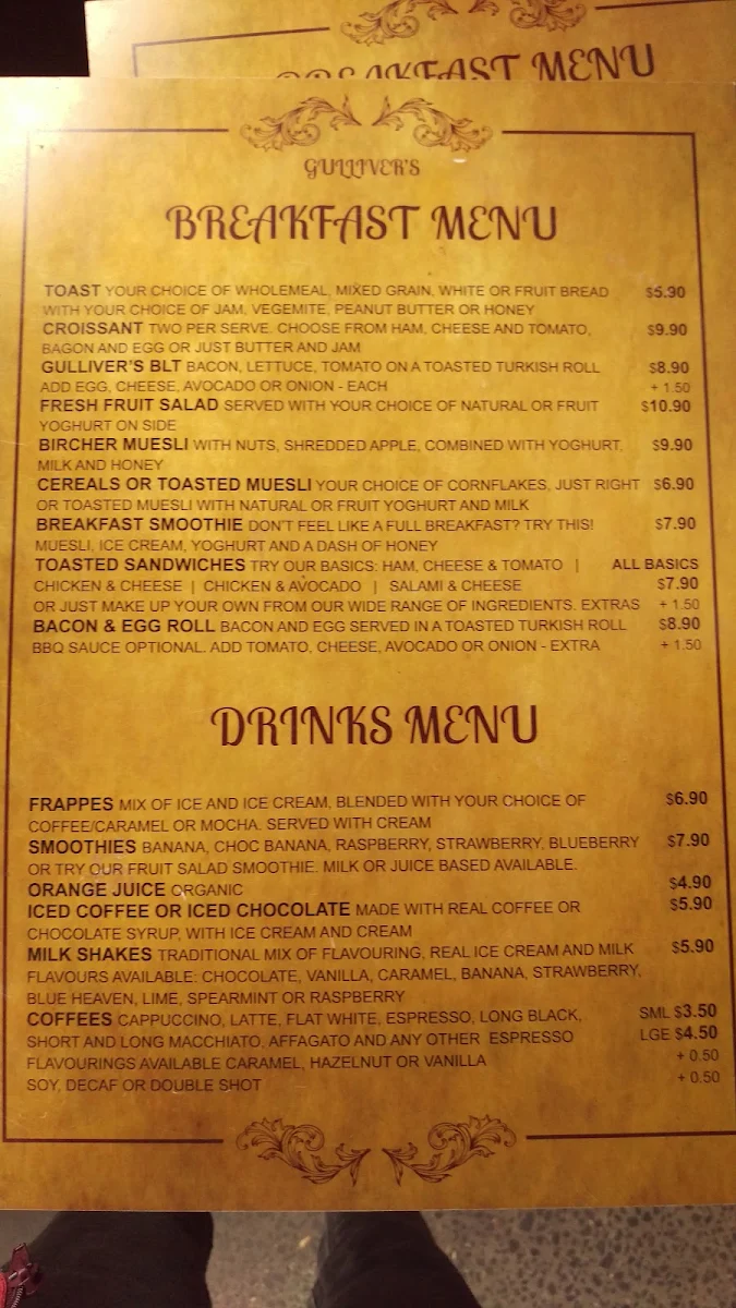 Menu, Gullivers cafe