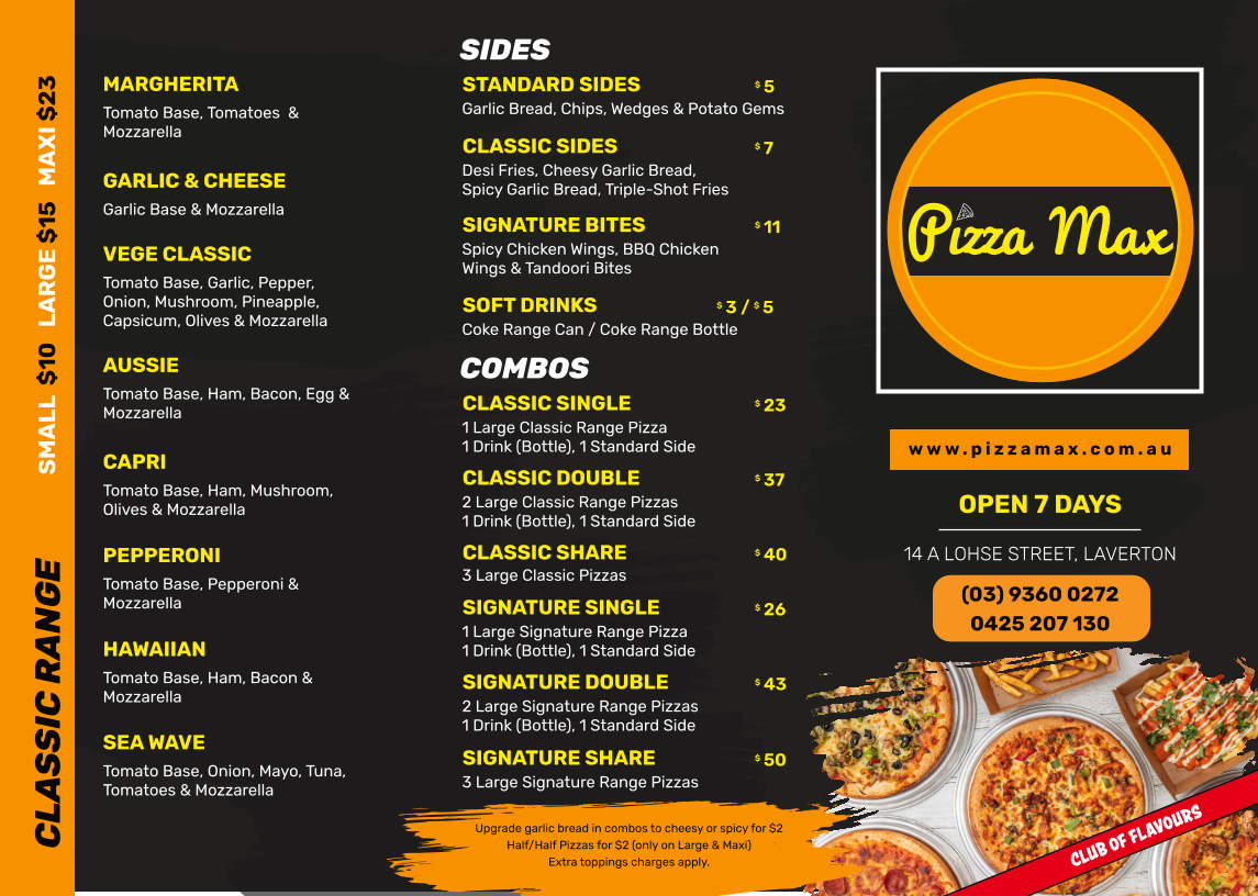 Menu, Pizza Max Laverton