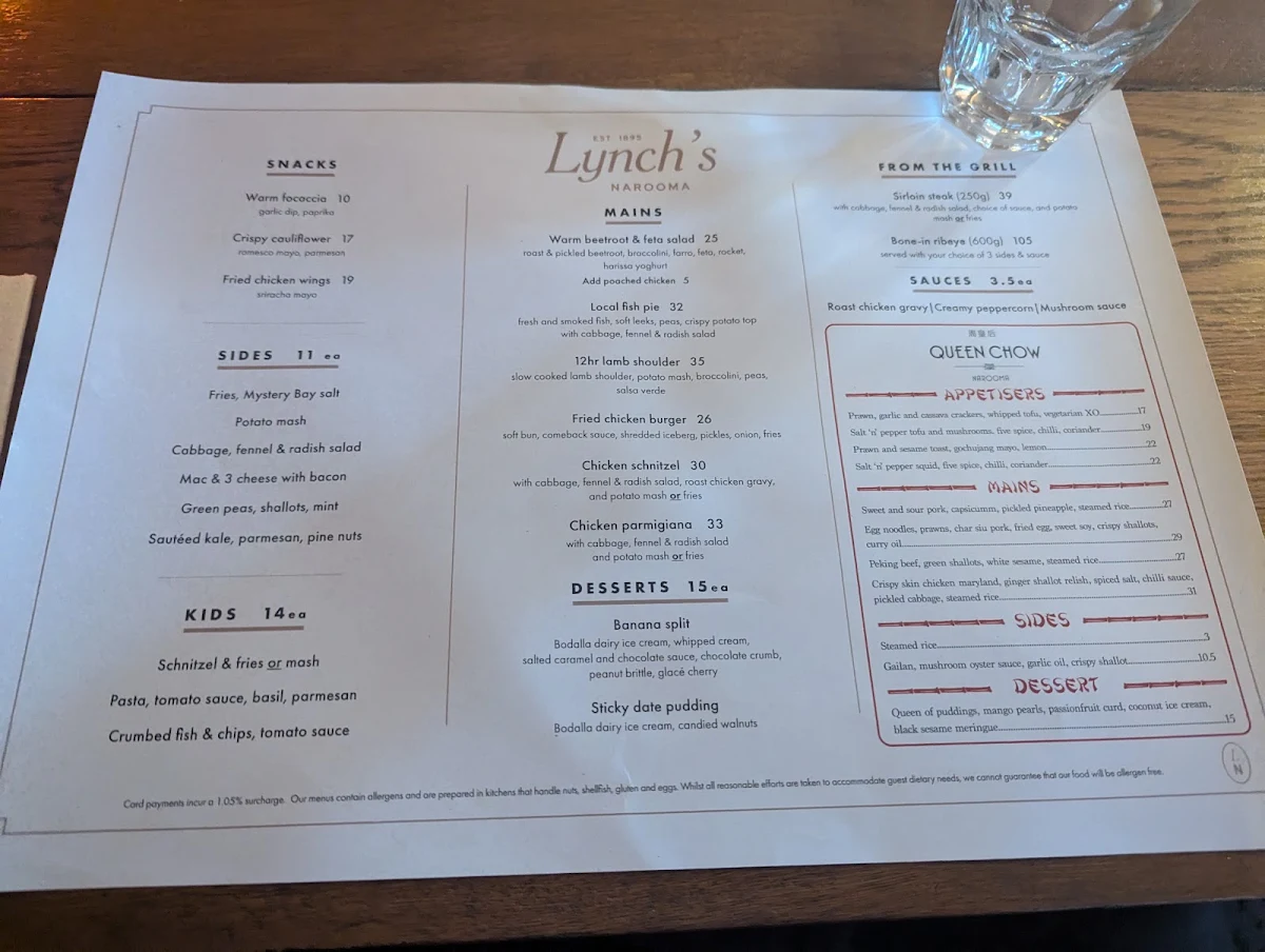 Menu, Lynch's Narooma