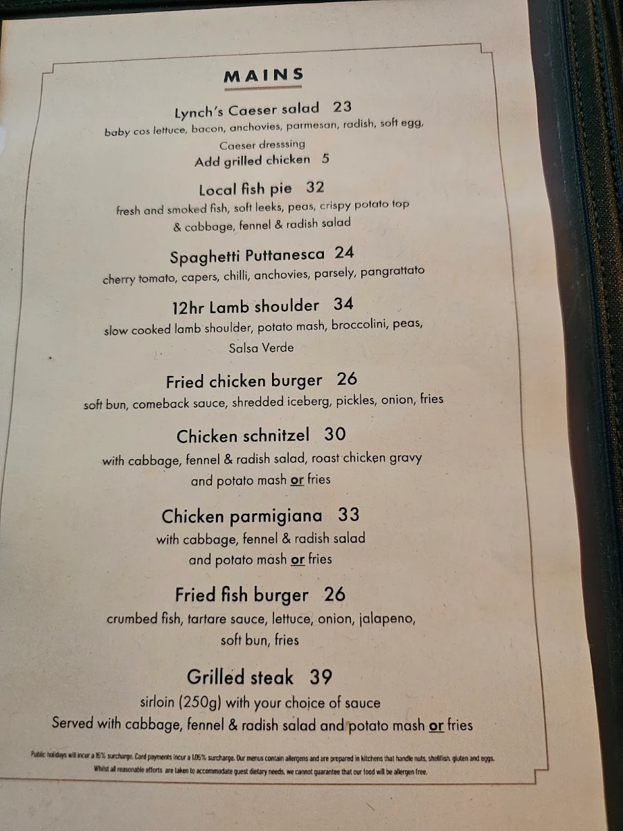 Menu, Lynch's Narooma