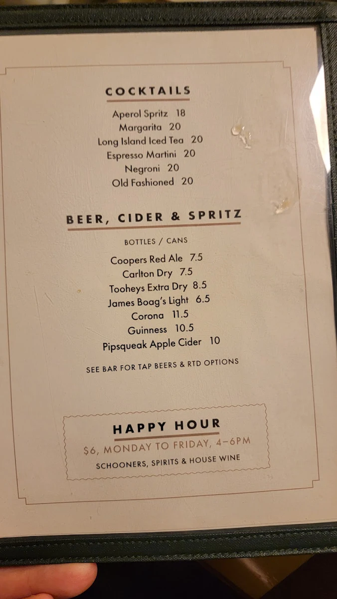 Menu, Lynch's Narooma