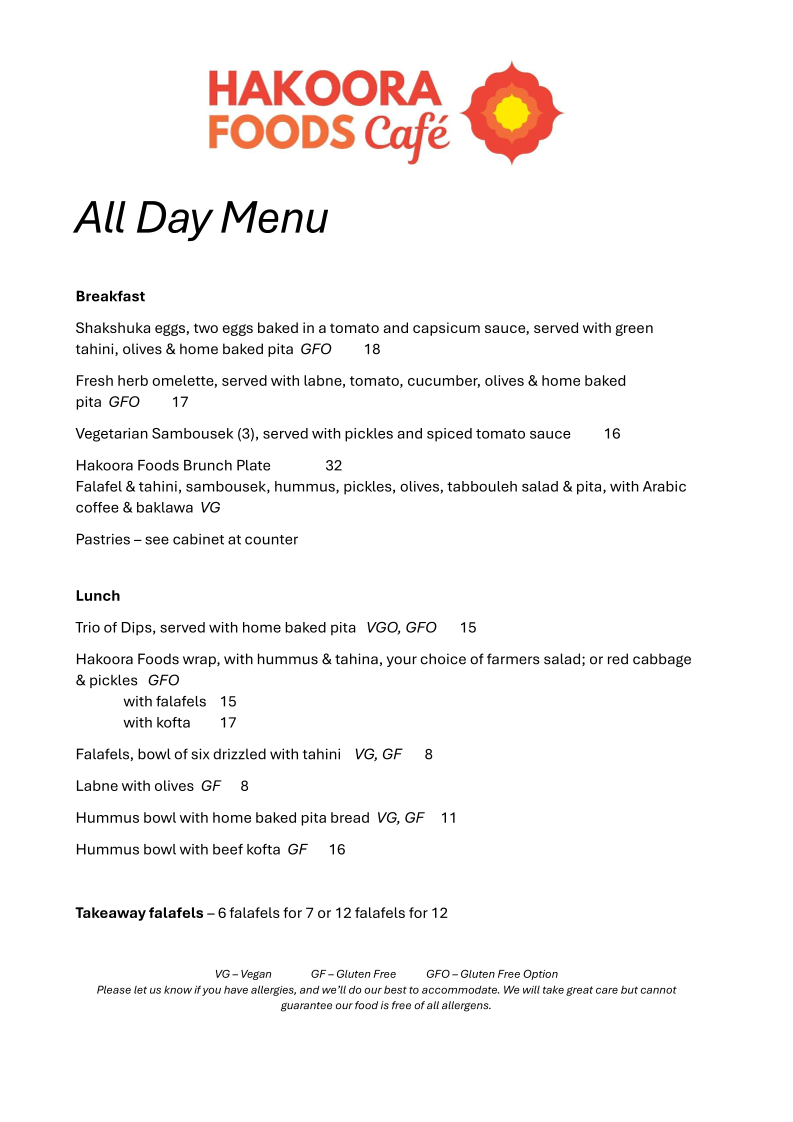 Menu, Hakoora Foods