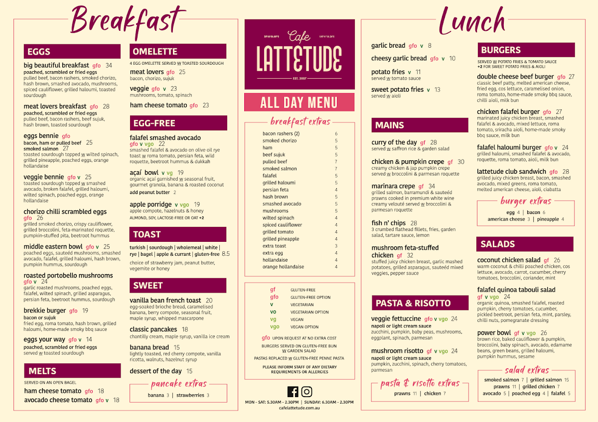 Menu, Cafe Lattetude